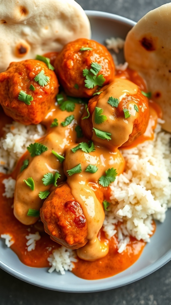 Turkey tikka masala meatballs on rice with naan and cilantro garnish.